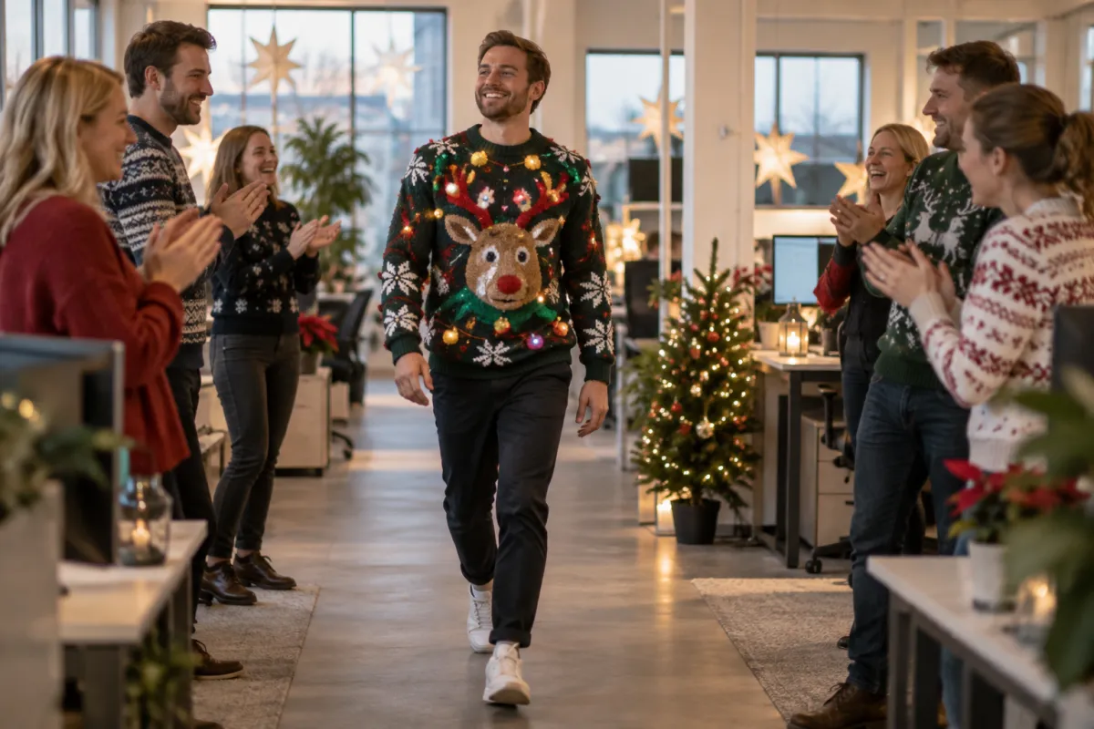 Kollega i en julesweater med lys går catwalk mellem skrivebordene, mens kollegerne klapper