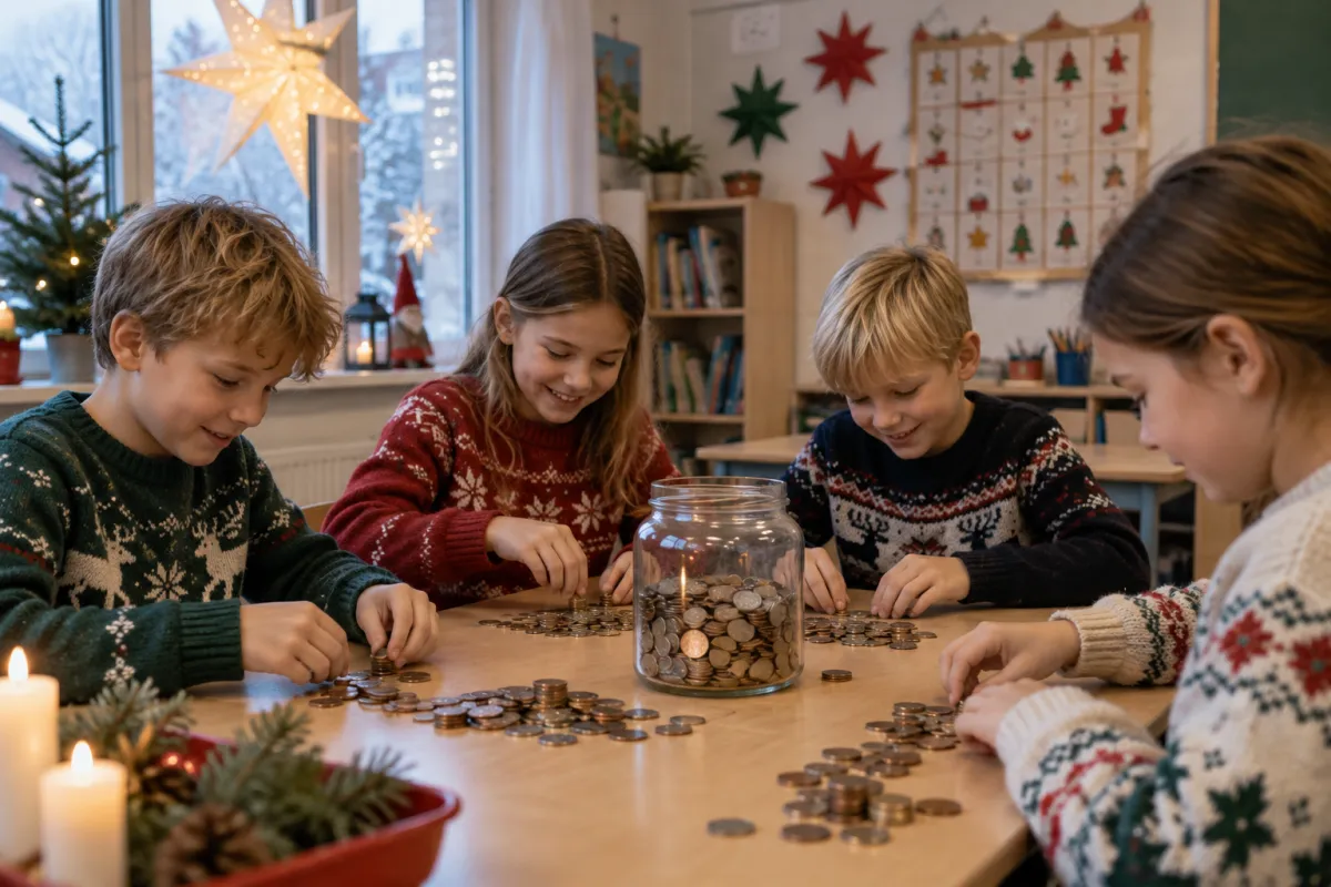 Skolebørn i julesweatre tæller mønter fra indsamlingsglasset i klassen