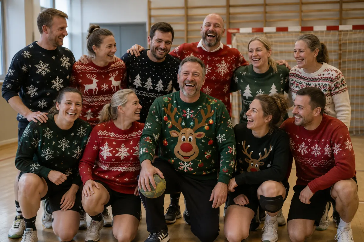 Håndboldhold i julesweatre stiller op til fællesbillede med træneren i den vildeste trøje