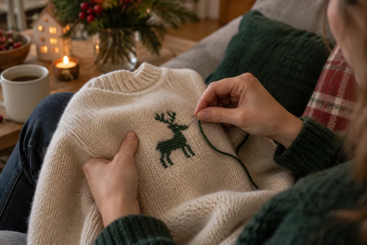 Hænder broderer et grønt rensdyr med maskesting på en hvid strikket sweater
