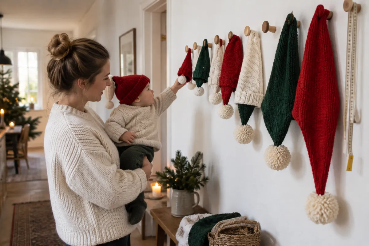 Hjemmestrikkede nissehuer fra babystørrelse til lang voksenhue hænger på knager med et målebånd